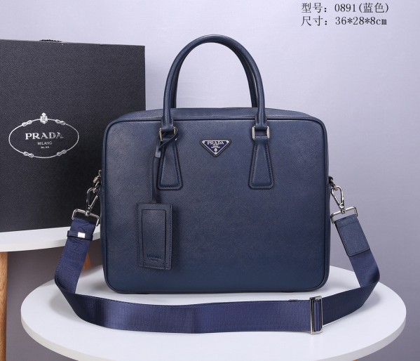 Prada Saffiano Leather Briefcase Dark Blue PR067